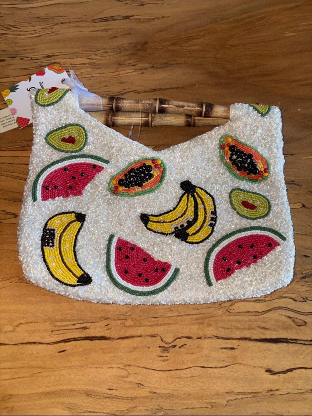 Viral Beaded Fruit Print Clutch with Bamboo Handle - White